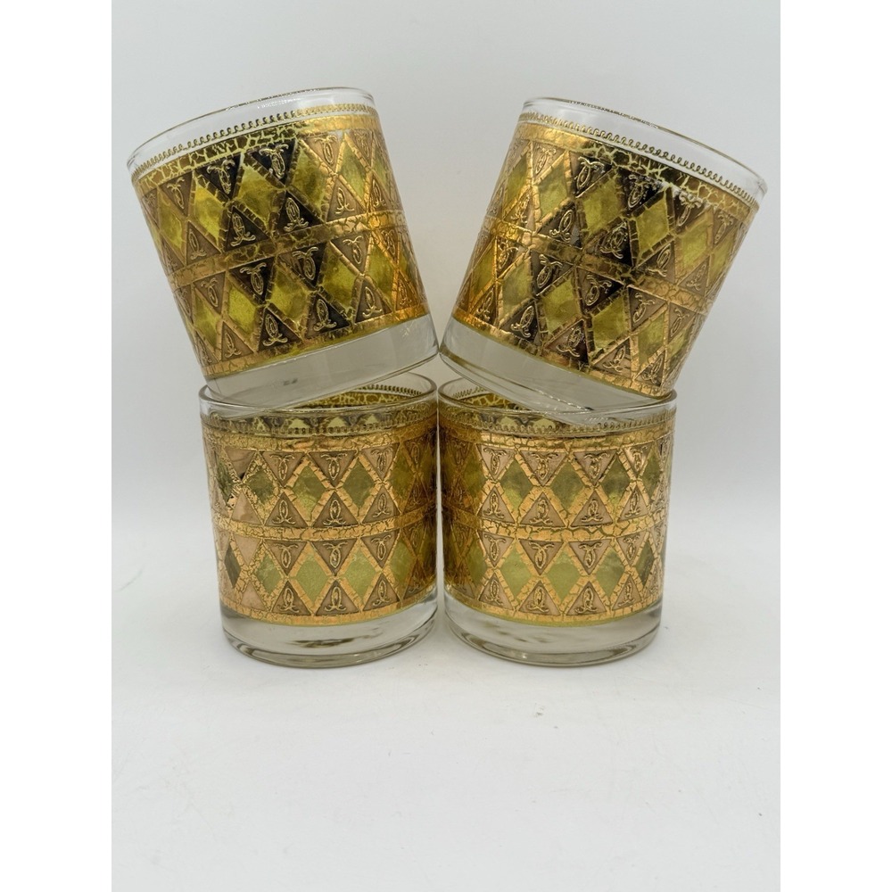 Yellow Ranier West Virginia Glass Low Ball Tumblers Mid Century 22K‎ Gold 4pc